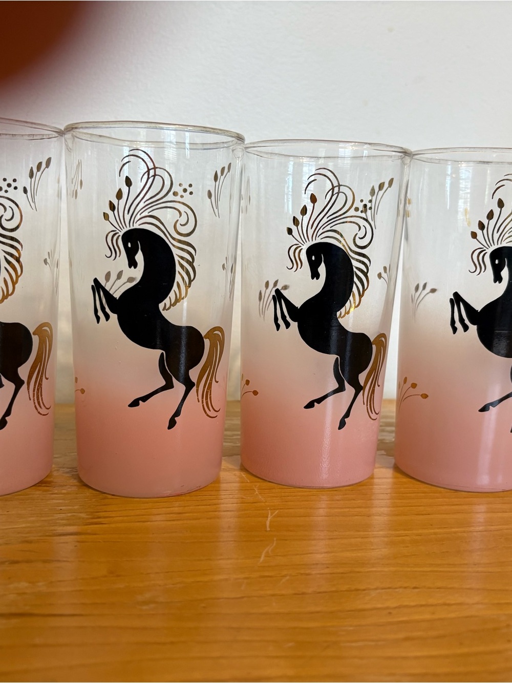 VINTAGE MCM Libbey Frosted Pink High Ball Glasses set (4) HORSES 22K Gold Accent